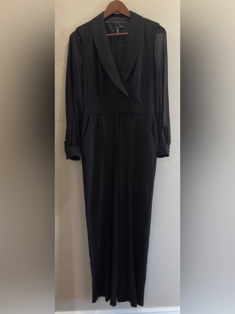 WHBM Black Tuxedo Jumpsuit Sheer Sleeve Size 4 Petite